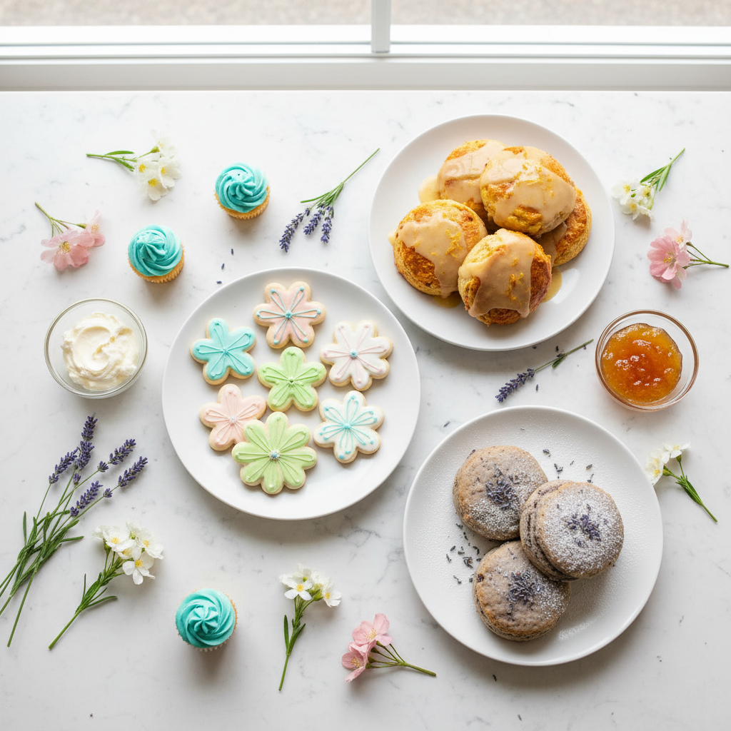 Little Bitez spring collection -- pastel decorated cookies, orange cream scones, earl grey lavender scones and teal cupcakes on white marble